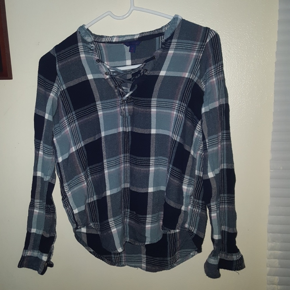 long sleeved blue shirt